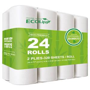 lot 5492 image: ECOLipak Bamboo Toilet Paper, Septic Safe Toilet Tissue, 24 Double Rolls, 320 Sheets Per Roll, Tree Free, Non Toxic, 2 Ply, Soft and Absorbent, Eco Friendly Dye-Free Paper