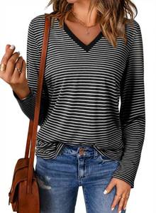 lot 6173 image: EVALESS Spring Summer Tops for Women Casual V Neck Long Sleeve Striped Shirts 2025 Basic T Shirts Lightweight Loose Tee Clothes Business Casual Outfits Black Medium