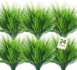 lot 6243 image: Ouddy Decor 24 Bundles Artificial Plants Outdoors Fake Wheat Grass Faux Greenery Stems Plastic Shrubs UV Resistant for Patio Garden Porch Window Box Spring Home Decor, Green