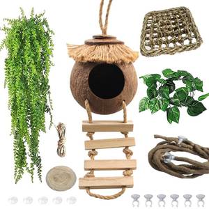 lot 6249 image: MUYG Crested Gecko Tank Accessories Coconut Hide with Ladder,Leopard Gecko Coconut Hut Hideout Hanging Lizard Seagrass Hammock Dragon Cage Lounger Jungle Vine Flexible Leaves Reptile Tank Decor