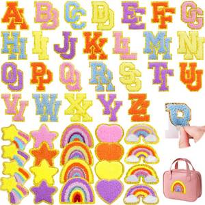 lot 6276 image: 72 Pcs Preppy Cute Embroidered Chenille Letter Patches Self Adhesive,Include 52 A-Z Varsity Letters Patches,20 Star Heart Rainbow Meteor Sew on Repair Patches Boho Stickers for Jackets Backpacks Hats
