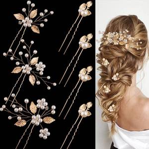 lot 6278 image: A7 Pieces Wedding Hair Pins Gold Leaf Bride Headpiece Pearl Wedding Hair Styling Pins Hair Accessories Flower Hair Accessories for Brides Bridesmaids Girls