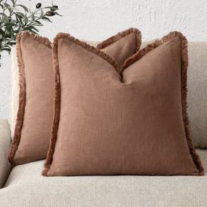 lot 6318 image: Foindtower Set of 2 Decorative Linen Fringe Throw Pillow Covers Cozy Boho Farmhouse Cushion Cover with Tassels Soft Accent Pillowcase for Couch Sofa Bed Living Room Home Decor, 1616 Inch, Rust