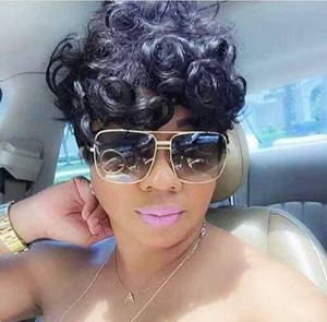 lot 6336 image: HOTKIS Short Curly Pixie Cut Wigs for Black Women Short Black Synthetic Curly Hair Glueless Wigs Heat Resistant Fiber Pixie Cut Curly Wigs with Bangs