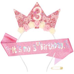 lot 6355 image: Atoden 3 Year Old Birthday Headband and Sash Happy 3rd Birthday Decorations for Girl Glitter Flower Princess Crown Tiara with Pink Bow Party Costume Outfit Gifts
