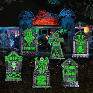 lot 6360 image: 25x16inSpooky Halloween Gravestones Yard Sign Glow in The Dark, 6Pcs Tombstones for Outdoor Yard Decor, Waterproof and Durable Cemetery Decorations for Grave, Garden and Party, Haunting Effectin