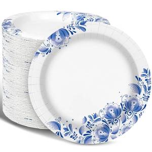 lot 7395 image: Charmount Paper Plates Bulk 8.5 Inch, 150pcs Disposable Plates, Blue Paper Plates for Parties and Daily Use, Soak Proof, Cut Proof, Flower Printed