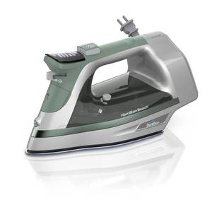 lot 7399 image: Hamilton Beach Steam Iron and Vertical Steamer for Clothes with Scratch-Resistant Durathon Soleplate, Digital Fabric Selector  8� Retractable Cord, 3-Way Auto Shutoff, Anti-Drip, 1800 Watts, Green