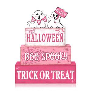 lot 8115 image: 4 Pcs Pink Halloween Decor Indoor Wooden Tiered Tray Decorations, Pink Ghost Halloween Table Decor Farmhouse Tabletop Centerpieces for Farmhouse Home Kitchen Mantel Office