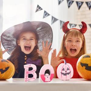 lot 8118 image: Amyhill 3 Pcs Pink Halloween Table Decor Indoor Cute Ghosts Decor Signs Halloween Tiered Tray Pink Decor for Home Kitchen Office Party Gifts(Boo)