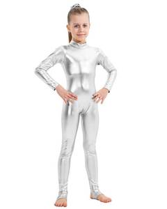 lot 8201 image: PROMOTED TO BIG SISTER Girls Shiny Metallic Mock Neck Unitard Long Sleeve One Piece Bodysuit Costume Dance (9-10 Years Silver)