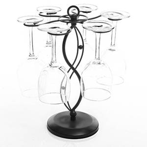 lot 9347 image: MyGift 6-Hook Rotating Wine Glass Rack with Sturdy Base and Scrollwork Design - Black Metal Countertop Stemware Holder  Rust-Resistant, Space-Saving Storage for Kitchen, Bar, Dining Table (13.75 H)in