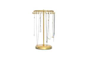 lot 9350 image: BOSMIMEO Rotating Necklace Holder Jewelry Display Stand Bracelet Organizer Hanging Tower Rack with 23 Hooks and Round Base Jewelries Collection 17.8inch Gold