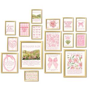 lot 9370 image: 16 PCS Framed Christian Coquette Wall Art Decor, Pink Bow Bible Verses Wall Collage Kit Prints for Bedroom, Gallery Wall Frame Set, Jesus Posters for Living Room Aesthetic, Dorm Artwork for Girls Kids