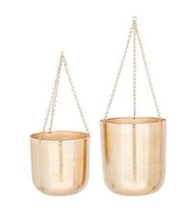 lot 9376 image: CosmoLiving by Cosmopolitan Metal Indoor Outdoor Wall Planter Indoor Outdoor Hanging Dome Hanging Planter with Chain, Set of 2 Plant Hanger 9, 11inH, Goldin