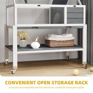 lot 9387 image: DWVO Large Tortoise Habitat with Storage Shelf and Leakproof Tray, Tortoise Cage with Legs and Wheels, Solid Wood Openable Roof Turtle Box Enclosure w Lamp Holder, Indoor Outdoor Reptile Terrarium House
