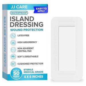 lot 9394 image: JJ CARE Waterproof Adhesive Island Dressing Pack of 50, 4� x 8� Sterile Bordered Gauze, Breathable Island Wound Dressing, Individually Wrapped Adhesive Gauze Bandages with Non-Stick Central Pad