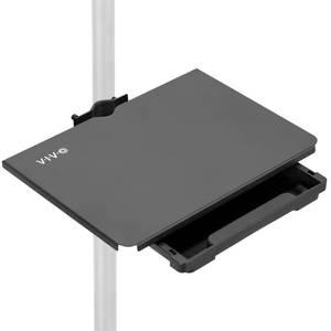 lot 9400 image: VIVO Steel 14 x 10 inch Pole Mount Shelf with Drawer for TV Cart, Speaker Stand, and More, Clamp-on Utility Storage Platform, Black, MOUNT-SF13D