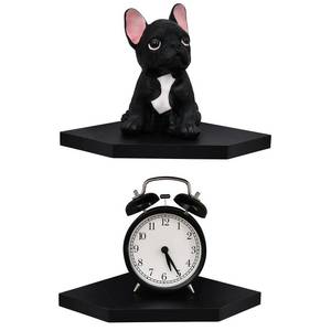 lot 10417 image: WELLAND 7-Inch Black Floating Corner Shelves Set of 2, Wall Mounted Storage Shelf with White Finish for Bedroom, Living Room, Bathroom, Display Shelf for Small Plant, Photo Frame, Toys