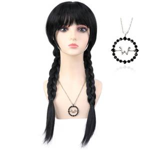 lot 10429 image: Bettecos Long Black Braided Wig for Women with Necklace Heat Resistant Synthetic Pigtails Hair Wigs for Adults Halloween Party Cosplay Costume (Adults WigNecklace)