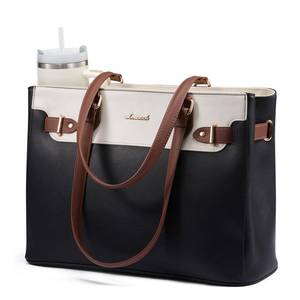 lot 10465 image: LOVEVOOK Laptop Tote Bag for Women Work, Teacher Tote Bag Nurse Bag with Large Cup Holder, 15.6 Inch Waterproof Leather Computer Bag Professional Business Office Briefcase, Black-beige-brown