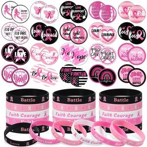 lot 10482 image: Cindeer 90 Pcs Breast Cancer Awareness Accessories, Breast Cancer Bracelets Women Pink Ribbon Bracelets Breast Cancer Stickers Plastic Button Badges for Breast Cancer Survivor Gifts Party Supplies