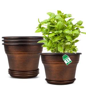 lot 10492 image: Plant Planters Pots Set of 4 Pack 11 Inch, Plastic Flower Pot for Indoor Plants with Drainage Holes and Trays, Resin Decorative Container Sets with Saucer for House Outdoor Garden Planters Copper
