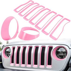 lot 11250 image: Front Grille Mesh Inserts and Headlight Cover for Jeep Wrangler JL JLU Sport and Sport S Only 2018-2023 Exterior Accessories Clip-in Grille Guard Cover Headlight Bezels Trim Ring (Pink 9PCS)
