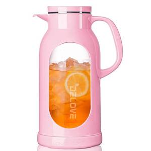 lot 11257 image: Delove 68 oz2 Liter Glass Pitcher with Shatterproof Shell - Heat Resistant Glass Liner - Stainless Steel Lid - Carafe and Jug for Iced Tea,HotCold Water,Homemade Juice Beverages (Pink)