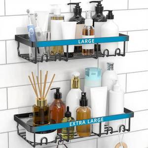 lot 12361 image: Moforoco Large Shower Caddy Shelf Organizer Rack, Self Adhesive Black Bathroom Shelves Basket, Home Farmhouse Wall Inside Organization and Storage Decor Rv Accessories