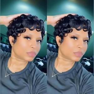 lot 12363 image: VRZ Pixie wigs for black women human hair short human hair wigs for black women Short Layered Pixie Short Wig for Black Women Glueless 100percent Hair Non Lace Full Machine Natural Black Color 1B