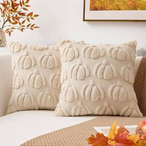 lot 12369 image: Kevin Textile Fall Pillow Covers 18x18 Inch Set of 2 Soft Pumpkins Decorative Square Pillowcases Plush Autumn Faux Fur Cushions Harvest Gift for Couch Sofa Chair Bedroom Home Decor, Beige
