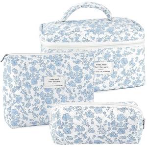 lot 12411 image: URSKYTOUS 3Pcs Makeup Bag Quilted Cosmetic Bag Set Bow Travel Large Makeup Pouch for Women Cute Portable Cotton Toiletry Bag Skincare Organizer Coquette Vintage Travel Essential