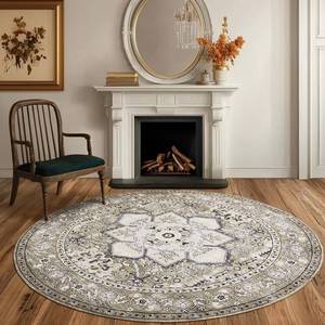 lot 13602 image: PURRUGS Vintage Farmhouse Boho Area Rug 6x6 ft, Non-Slip Machine Washable Round Rug, Accent Oriental Rug for Dining Room, Living Room, Bedroom, Entryway and Kitchen, TaupeVanilla
