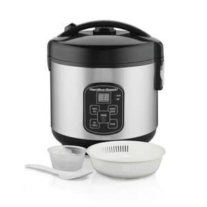 lot 13604 image: Hamilton Beach Digital Programmable Rice Cooker and Food Steamer, 8 Cups Cooked (4 Uncooked), With Steam and Rinse Basket, Stainless Steel (37518)