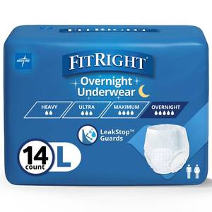lot 13608 image: FitRight Overnight Unisex Large Underwear, (40-56 in Waist) 14 Count, Maximum All Night Disposable Incontinence Protection, Pull-On Absorbent Underwear for Men and Women, 1 Bag