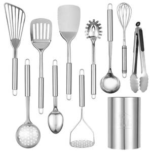 lot 13642 image: Abodpove Stainless Steel Cooking Utensils Set - 11pcs Kitchen Utensils Set with Holder for Cooking, Stainless Steel Utensils Set with Potato Masher, Skimmer, Spoons, Turners, Whisk, Tongs