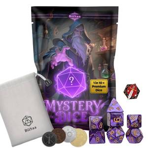 lot 14478 image: DND Mystery Dice Set � 7 Random Polyhedral RPG Dice, 4 Metal Coins, Enamel Pin and Velvet Bag � 1 in 10 Chance to Get Premium Dice � Gift for TTRPG Player, DM and Dice Goblin (Standard Edition)