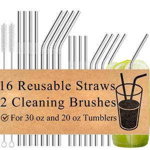 lot 14483 image: 16-Pack Reusable Stainless Steel Metal Straws with Cleaning Brush - Long Metal Straws Drinking for 30 oz and 20 oz Tumbler Eco Friendly