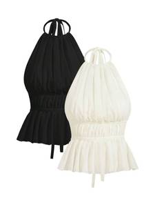 lot 14494 image: SHENHE Womenfts Sexy Backless Tie Back Halter Top Ruched Ruffle Hem Going Out Top 2 Pack Black and Apricot Medium