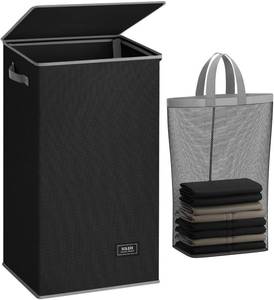 lot 15660 image: SOLEDI Laundry Hamper Black with Lid and Removable Bag - 100L Large and Tall Laundry Basket Collapsible with Handle for Clothing and Toys Storage - Dirty Clothes Hamper for Bedroom, bathroom, dorm
