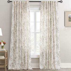 lot 15691 image: Coffee Floral Curtains 84 inch Length Back Tab Farmhouser Living Room Light Filtering Curtains Coffee Pattern Print on Cream White Linen Curtain Minimalist Aesthetic Sketch Style Vintage Room Decor