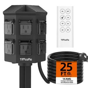 lot 15693 image: TiFFCOFiO Outdoor Power Strip with 25FT Extension Cord, Remote Control Dusk to Dawn Light Timer Waterproof, 6 Grounded Outlets for Halloween Inflatables and Decorations, ETL Listed