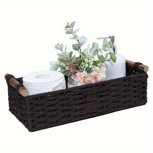 lot 15694 image: Black Paper Rope Storage Basket with Handle, Handwoven Wicker Organizer for Bathroom, Toilet Tank Top, Countertop and Back of Toilet, Decorative Black Woven Basket for Home Storage � Rectangular 1PC