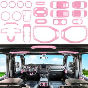 lot 15701 image: 23PCS Full Set Interior Decoration Trim Kit for Jeep Wrangler JL JLU Gladiator JT 2018-2023 Steering Wheel Door Handle Air Conditioning Vent Cup Holder Reading Light Headlight Switch Gear Cover (Pink)