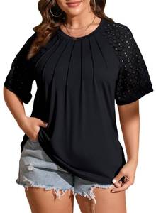 lot 16157 image: LALAGEN Womens Plus Size T Shirts Trendy Lace Short Sleeve Crewneck Blouse Shirts Summer Casual Knitted Blouse Tops Black 1XL