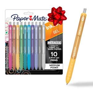 lot 16184 image: Paper Mate InkJoy Gel Pens, Metallic, Retractable, Medium Point (0.8mm), Glittery Assorted Colors, 10 Count - Perfect for Writing, Doodling, Bullet Journaling, Glitter, Sparkle, Writing Fun