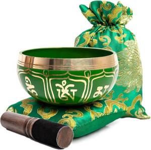 lot 16186 image: Tibetan Singing Bowl Set - Authentic Handcrafted Mindfulness Meditation Holistic Sound 7 Chakra Healing by Himalayan Bazaar (Emerald)