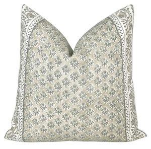 lot 16193 image: Pillow Cover Thick Cotton 20 x 20 in Double Sided Block Print Gold Zipper for Easy Removal Home Decor Shabby Chic Farmhouse Neutral Sofa Couch Accent Throw (Tan Grey White Block Pattern Stripe)