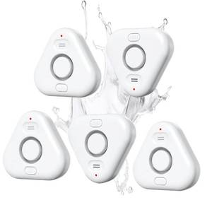 lot 16198 image: 5 Pack Water Leak Detectors for Home, Stechro 4 Levels Adjustable Audio 0-120dB Water Sensor Alarm Leak Detector with Leak and Drip Alert, IP66 Water Leak Sensor for Basements Kitchen Sink Laundry